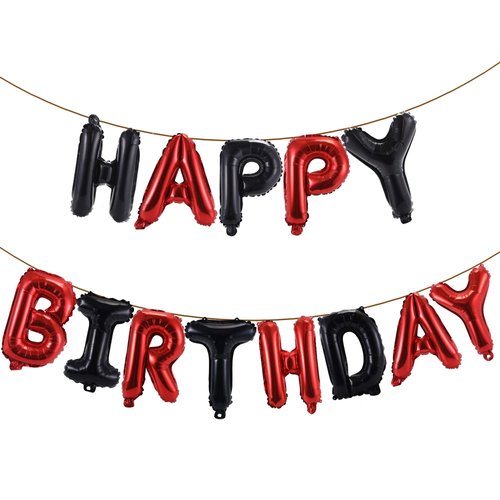 YPSelected Happy Birthday Balloons Banner 16 Inch Hanging Birthday Balloons 3D Silver Foil Letter Balloons for Kids and Adults Birthday Party Decorations Supplies (Red Black)