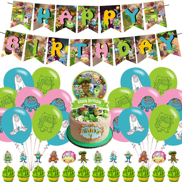 Singing Monsters Birthday Party Decorations, Monsters of Singing Theme Party Supplies with Happy Birthday Banner, Cupcake Toppers, Balloons for Baby Shower Kids Adult Birthday Party Favors
