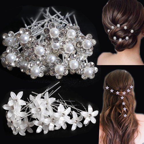 SUKPSY 40 Pcs Bridal Wedding Diamond Pearl Flower Hair Pins U Shape Hair Pins Bridesmaid Hair Acc...