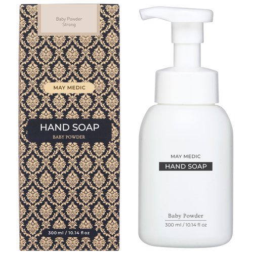 MAY MEDIC Baby Powder Strong Scented Foaming Hand Soap, Moisturizing Foam with Fig and Pomegranate Extract, Vegan Wash for Bathroom and Kitchen, 10.14 fl oz