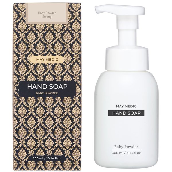 MAY MEDIC Baby Powder Strong Scented Foaming Hand Soap, Moisturizing Foam with Fig and Pomegranate Extract, Vegan Wash for Bathroom and Kitchen, 10.14 fl oz