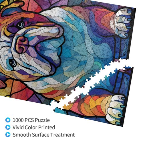 English Bulldog Dogs Lovers Stained Colorful Glass 1000 Pieces Art Painting Wooden Puzzle for Kids Adults, Birthday Mother's Father's Day Christmas for Dad Mom Son Daughter