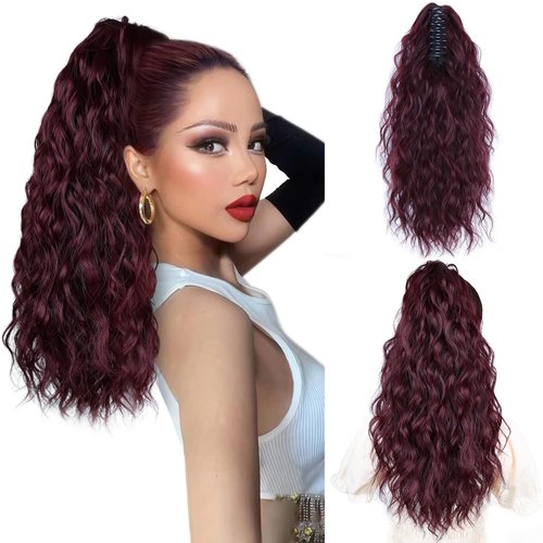 MAYSA Burgundy Ponytail Hair Extensions,18 Inch Claw Clip in Ponytail Extension, Soft Synthetic Curly Ponytail Hairpieces for Women #Dark Burgundy