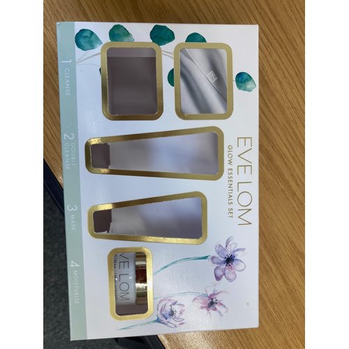 EVE LOM Glow Essentials Set | Includes Cleanser 20ml + half Muslin Cleansing Cloth, Foaming Cream Cleanser 20ml, Rescue Mask 15ml, & Moisture Cream 15ml - 5 Piece Set