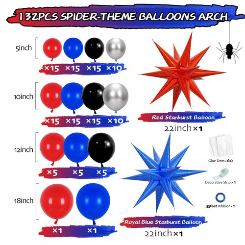 132PCS Black Red and Blue Balloons Arch Garland Kit, Spider Theme Balloon Arch for man with Balloons for Baby Shower Spider Theme Birthday Party Decorations