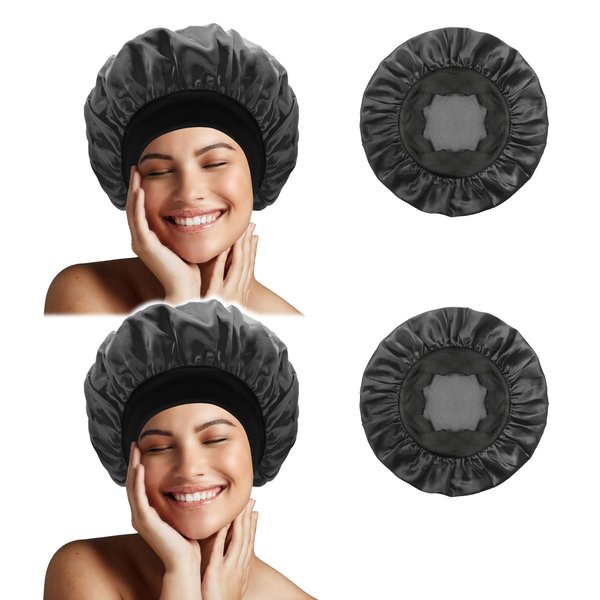 Silk Bonnet for Sleeping Soft Elastic Band Beauty Hair Care Accessory Sleep Bonnets Natural & Curly Hair (Black + Black, Small)