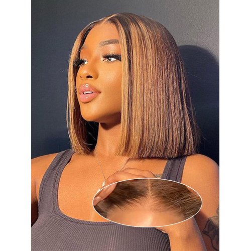 12 Inch Glueless Ombre Bob Wig Human Hair Pre Plucked Pre Cut,7x5 HD Lace Wear and Go Glueless Wigs Human Hair,Highlight Blonde 4/27 Straight Bob Wigs Natural Hairline for Women 200% Density