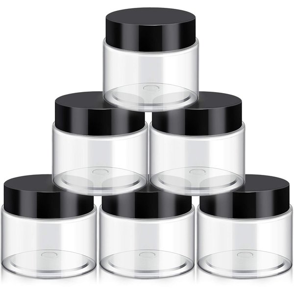 6 Pack Clear Container with Lids Small Plastic Pot Jars Wide Mouth Round Leak Proof Plastic Container Jars with Lid for Travel Storage, Eye Shadow, Nails, Paint, Jewelry (3 oz, Black)