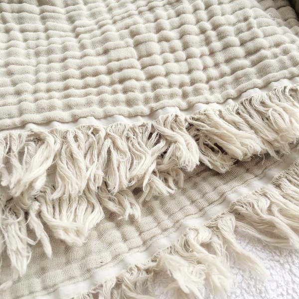 KyraHome 100% Organic Cotton Throw Blanket for Couch Adults, 4-Layer Muslin Plant Dyed, Soft Breathable Warm Cozy, Lightweight, Home Decor, All Season (55"x60" Pale Khaki/Sandshell)