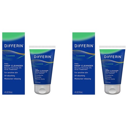 Differin Acne Face Wash with 5% Benzoyl Peroxide, Daily Deep Cleanser by the makers of Differin Gel, Gentle Skin Care for Acne Prone Sensitive Skin, 4 oz (Packaging May Vary) (Pack of 2)
