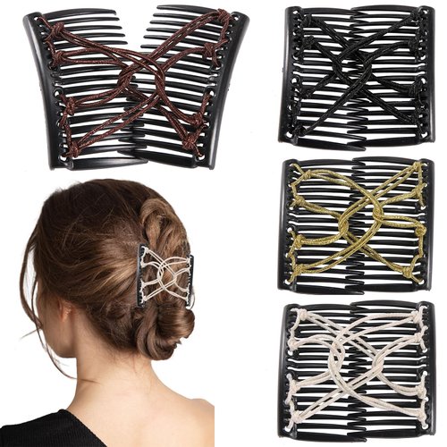 4 Pieces Elastic Double Comb Hair Fork Clips Silver Thread Magic Hair Comb Stretchy No Crease Hairpins Combs for Women Girls Vintage Hairstyle Bun Maker Multipurpose Hair Accessories (Silver Style)
