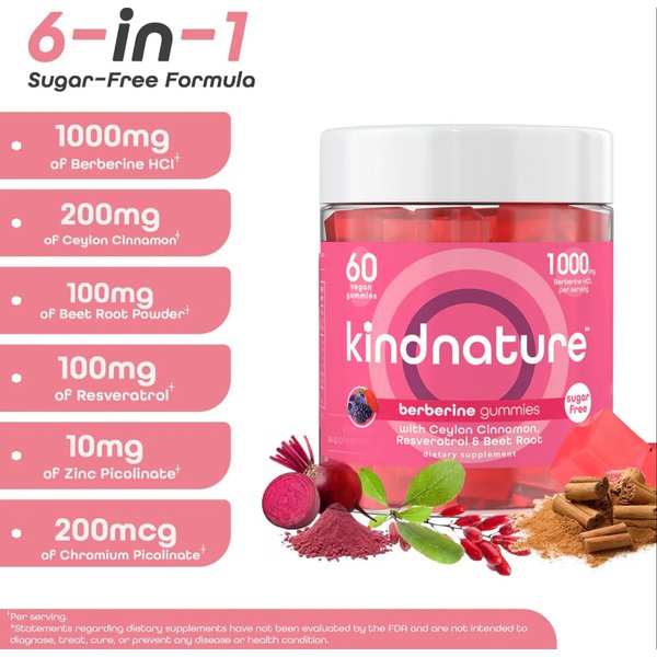 kindnature Berberine Gummies 1000mg with Ceylon Cinnamon & Resveratrol – Sugar-Free Vegan Supplement for Blood Sugar Support, Metabolism, Cravings Wellness – Non-GMO, Gluten-Free