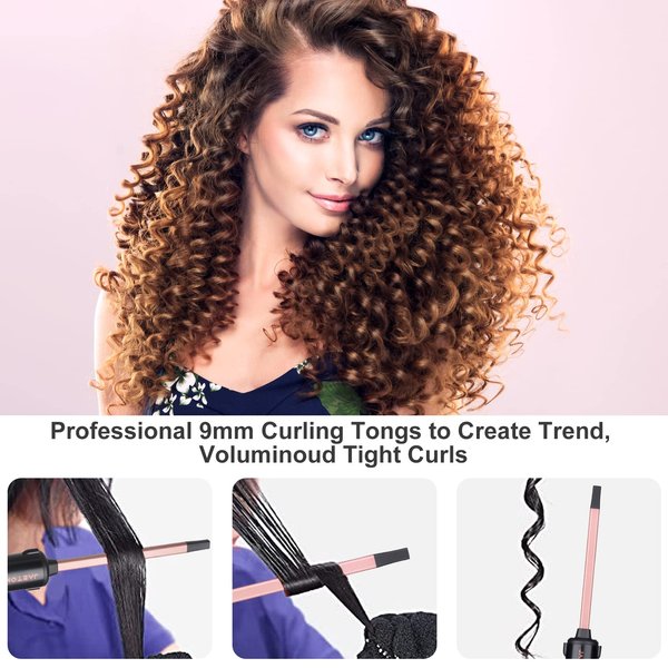 3/8 Inch Small Curling Iron, Ultra-Thin Curling Iron Wand for Short & Long Hair, Square Tube Ceramic Small Barrel Curling Iron with Adjustable Temperature, Include Heat Resistant Glove