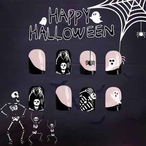 Halloween Short Square Press on Nails Skeleton Skull Acrylic False Nails Ghost Face Design Fake Nails Gel Glue on Nails Glossy Black Spider Full Cover Stick on French False Nails for Women Girls 24Pcs