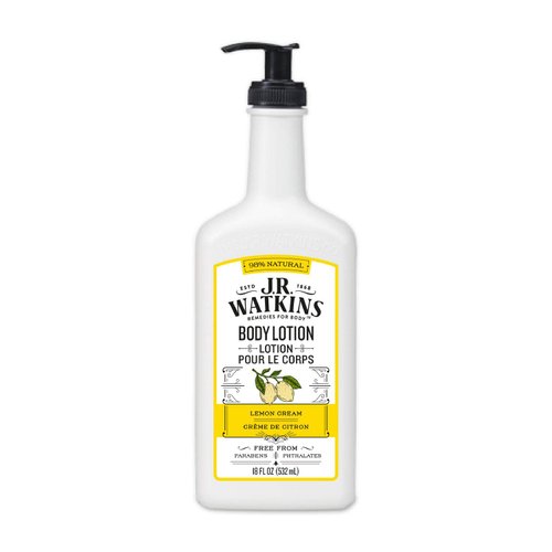 J.R. Watkins Daily Moisturizing Lotion – Body Cream in Pump Dispenser – Hydrating Skin Cream Made with Shea Butter, Cocoa Butter, Coconut Oil & Vitamin E, Lemon Cream, 18 fl oz