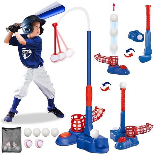 VOPOGLNE 4 in 1 Baseball Ball Set for Kids, T Ball and Golf Set for Toddlers, with Pitching Machine/Adjustable Batting Tee/Baseball Bat/Golf Clubs/6 Balls, Golf Gifts for Toddler Boys & Girls 6+