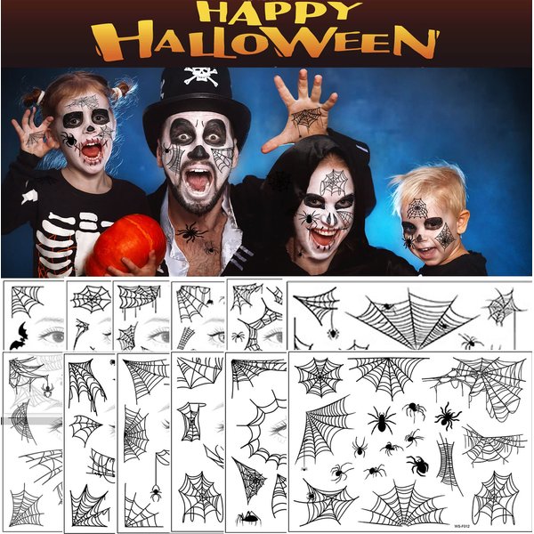 Halloween Temporary Tattoos Spider Web Temporary Tattoo fake tattoos Spider Bat Dark Waterproof Face Body Temporary Sticker Costume Makeup Tattoos Kit (12 sheets) for Adults and Kids
