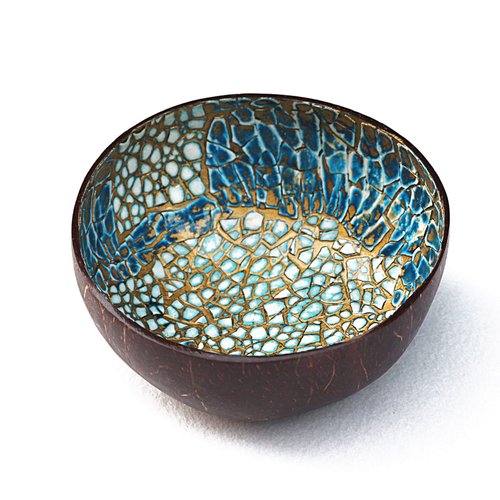 ChezMax Natural Coconut Bowl Mother of Pearl Inlaid Shell Bowls Key Bowl for Entryway Table Candy Container Nuts Holder Fruits & Dry Snack Storage Bowl Round Handcrafted Bowl for Decoration(Blue-Gold)