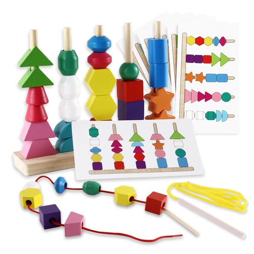 MOUDS Montessori Beads Sequencing Toy Set, Wooden Stacking Blocks & Lacing Beads & Matching Shape Stacker STEM Preschool Learning Montessori Toys Gifts for 2 3 4 5 Year Old