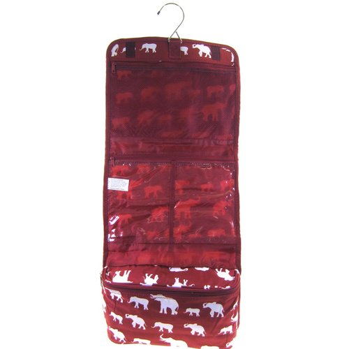 Elephant Print Hanging Cosmetic Travel Toiletry Makeup Bag Burgundy Red