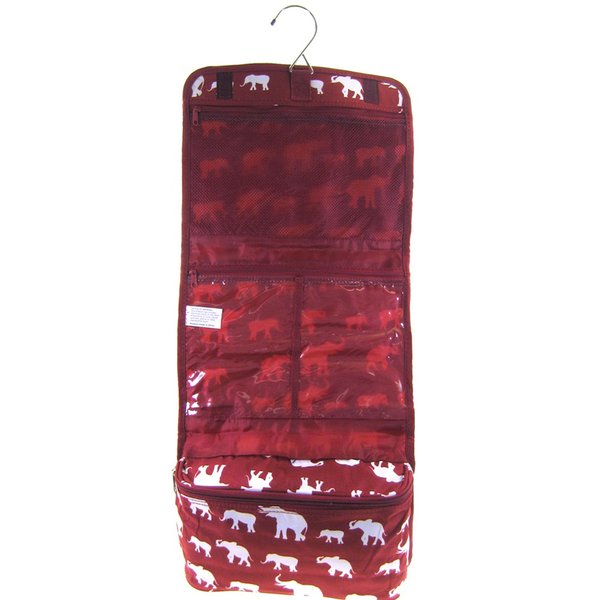 Elephant Print Hanging Cosmetic Travel Toiletry Makeup Bag Burgundy Red