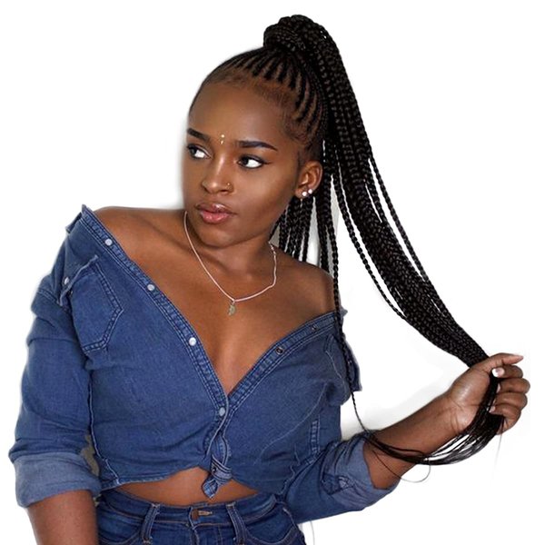 VAVANGA Box Braided Drawstring Ponytail - 26 Inch Long 3X Box Braids Ponytail Hairpiece Clip-in Braiding Drawstring Ponytail Crochet Braided Hair Extensions for Black Women(#1, 26”)