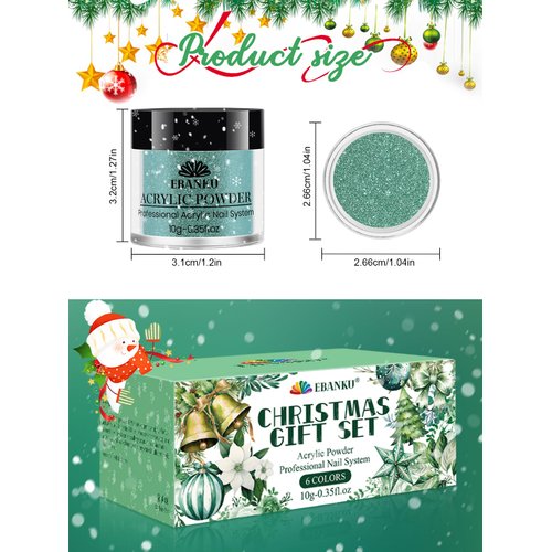 EBANKU 6 Christmas Colors Acrylic Powder, Green Acrylic Nail Powder Gold White Light Green Glitter Acrylic Powder for Nail Extension French Nail, Long-Lasting, No Nail Lamp Needed, 0.35 oz