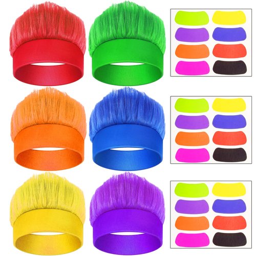 6 Pcs Hairy Costume Headband Crazy Trolls Flowy Hair Wig & Stickers, Halloween Spirit Day Themed Party Costume Accessory Sports Fans Cheering Headwear Supplies (Mixed Colors)