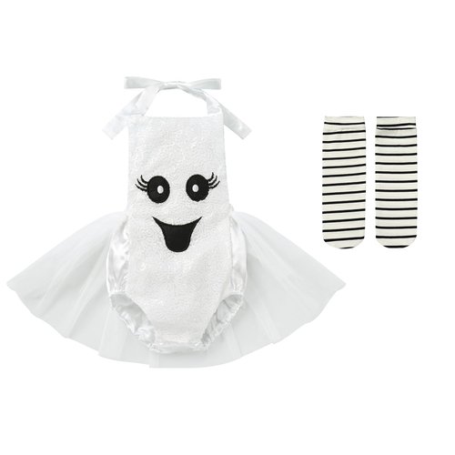Newborn Baby Ghost Costume: Toddler Halloween Costumes Girls Ghost Romper Dress Up with Socks Infant My First Halloween Outfit Kids Cosplay October Themed Birthday Photoshoot White Ghost 6-12 Months