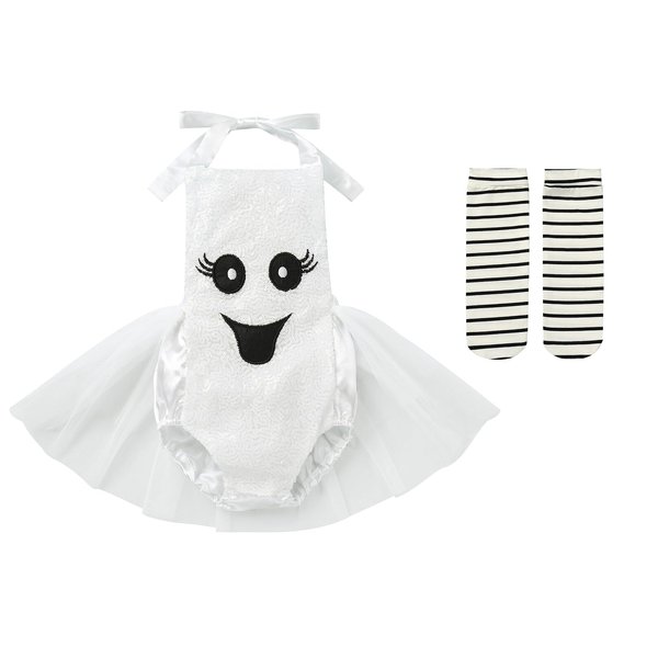 Newborn Baby Ghost Costume: Toddler Halloween Costumes Girls Ghost Romper Dress Up with Socks Infant My First Halloween Outfit Kids Cosplay October Themed Birthday Photoshoot White Ghost 6-12 Months