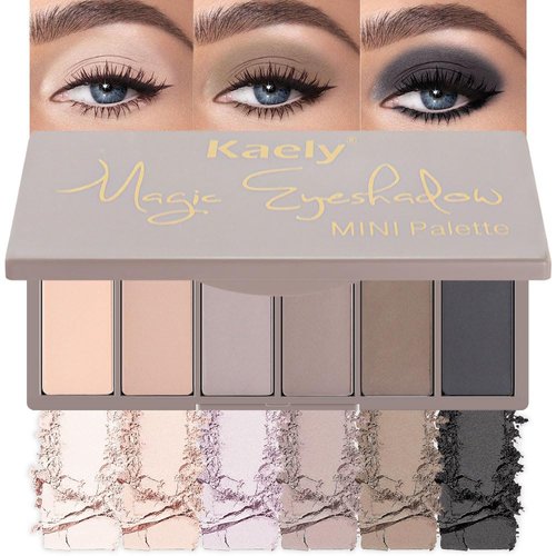 Kaely 6 Color Mini Eyeshadow Makeup Palette for Natural Nude Smoky Matte Looks, Nude Light Brown Smoky Grey Taupe Black Matte Eye Shadow Palette Long Lasting Pigmented Built in Mirror Travel Size 05