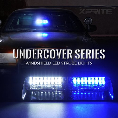 Xprite White Blue 16 LED High Intensity Emergency Hazard Warning Strobe Lights w/Suction Cups for Police Law Enforcement Vehicles Truck Interior Roof Windshield Dash Deck Flash Light