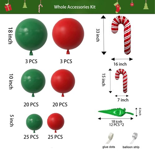 Christmas Balloons Kit 96pcs Red Green Latex Balloons with 2pcs Candy Cane Merry Christmas Foil Balloon and 2pcs Explosion Star Balloons for Christmas Party Decorations and Kids Christmas Party ﻿