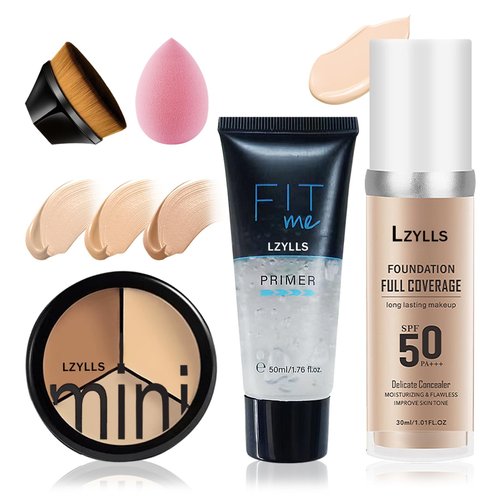 Waterproof Full Coverage Concealer Foundation Makeup Set,Face Moisturizer Primer,Oil Control Long Lasting Color Corrector Contour Concealer Palette,Foundation Brush and Makeup Sponge