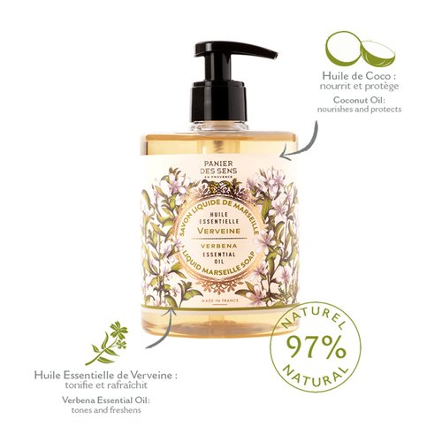 Panier des Sens - Liquid Hand Soap - Verbena Hand Wash - French Marseille Moisturizing Hand Soap with Coconut Oil - Refillable Kitchen & Bathroom Hand Soap - 97% Natural Ingredients -16.9 Fl.oz