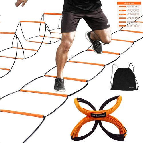 ALPHAWORX Agility Ladder, Agility Training Equipment, Soccer Speed ladder, Football Footwork Ladder, Workout Ladder for Kid Adult, Foldable Instant Set-up & Tangle-Free & Carry Bag (8 Rung)