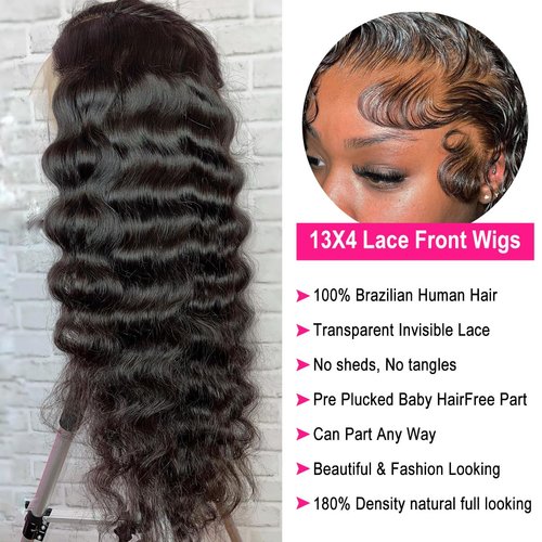AskWish Deep Wave Lace Front Wigs Human Hair Pre Plucked 180% Density 13x4 Frontal Wigs Human Hair Transparent HD Lace 26 Inch Curly Wigs for Black Women with Baby Hair Glueless Wigs Natural Black