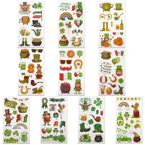 GORGECRAFT 10 Styles 30 Sheets Saint Patrick's Day Temporary Tattoos Kit Green Shamrock 4 Leaf Clover Rainbow Gold Coin Balloons Hat Irish Pattern Tattoo Stickers for Party Favors Gift