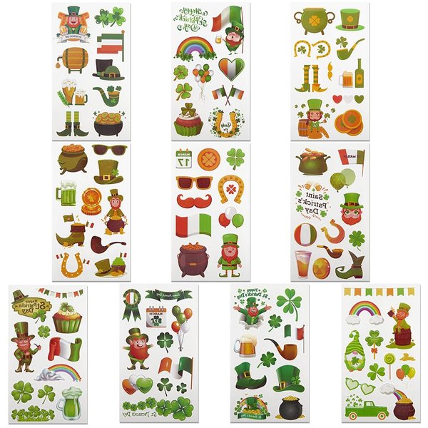 GORGECRAFT 10 Styles 30 Sheets Saint Patrick's Day Temporary Tattoos Kit Green Shamrock 4 Leaf Clover Rainbow Gold Coin Balloons Hat Irish Pattern Tattoo Stickers for Party Favors Gift