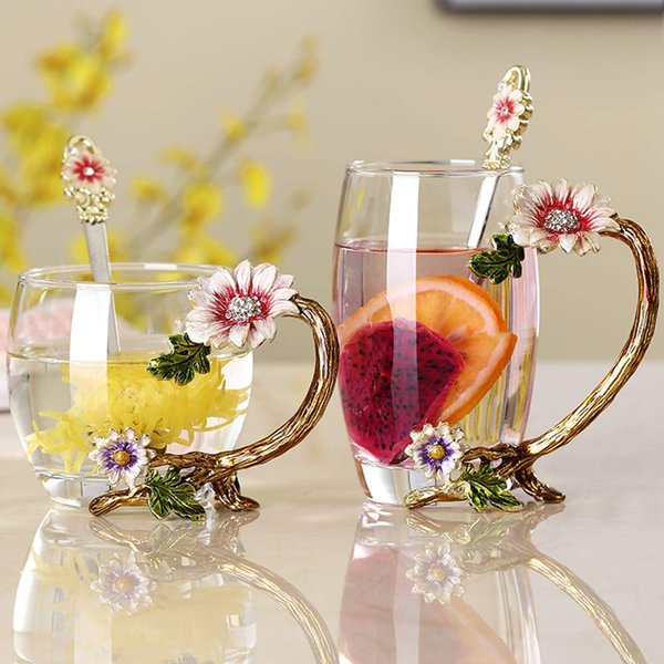 JY-Danbady Enamel Sunflower Crystal Lead-Free Glass Tea Cup with Spoon Set, Present for The Christmas, Valentine's Day.Best Present for Mother, Grandma, Girlfriend, Sister.