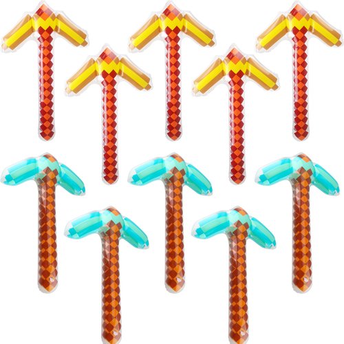 Cagemoga 10 Packs 28 Inch Inflatable Pickaxe Blow up Pixel Pickaxe Inflatable Toys for Kids Party Favors Halloween Carnival Birthday Cosplay Pool Pixel Party Supplies (Blue, Yellow)