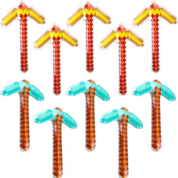 Cagemoga 10 Packs 28 Inch Inflatable Pickaxe Blow up Pixel Pickaxe Inflatable Toys for Kids Party Favors Halloween Carnival Birthday Cosplay Pool Pixel Party Supplies (Blue, Yellow)