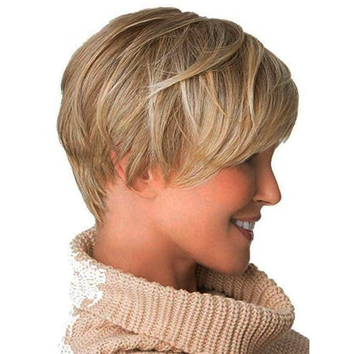 Royalfirst Short Blonde Wig with Bangs Pixie Cut Layered Wigs for Women Lady Synthetic Fiber Glueless Wigs Fluffy Natural Looking