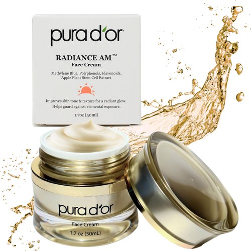 PURA D'OR 1.7 Oz Radiant Glow AM Face Cream - Methylene Blue, Polyphenols, Flavonoids, Apple Stem Cell Extract - Aloe Vera Base Anti-Aging Morning Moisturizer - Daily Facial Treatment For Women & Men