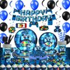 Mpanwen Blue Video Game Party Supplies - 212Pcs Gamer Gaming Party Decoration For Boys Birthday Party - Table Cover, Plates, Cups, Napkins, Utensils, Hanging Swirls, Banner, Balloons Serves 16 Guests