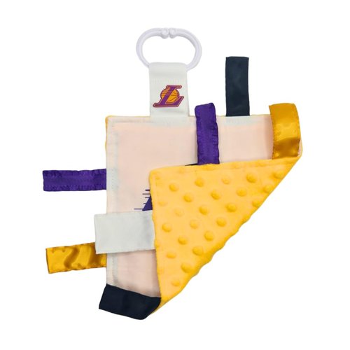 The Learning Lovey LA Lakers Baby Tag Toy - NBA Basketball - Baby Sensory Crinkle Toys - Soft & Safe - Ideal Baby Stroller Toy - BPA Free w/Stroller Clip (8" x 8" Tag Toy)