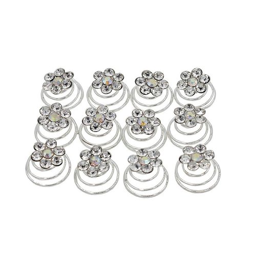 24PCS Rhinestone Flower Spiral Hair Pin Crystal Hair Twisters Coils Hair Clips Metal Spiral Twist Hairpins Hair Pins Wedding Bridal Hair Accessories (White)