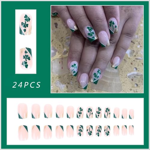 St. Patrick's Day Shamrock Press on Nails Short Square, Full Cover French Tip with Nail Glitter False Nails Irish Press on Artificial Coffin Glue on Nails Stick on Nails for Women and Girls 24Pcs