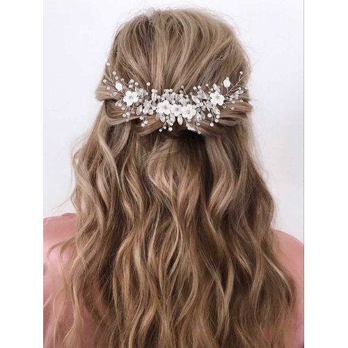 GORAIS Flower Bride Wedding Hair Vine Silver Rhinestone Bridal Headpiece Pearl Hair Piece Crystal Hair Accessories for Women and Girls