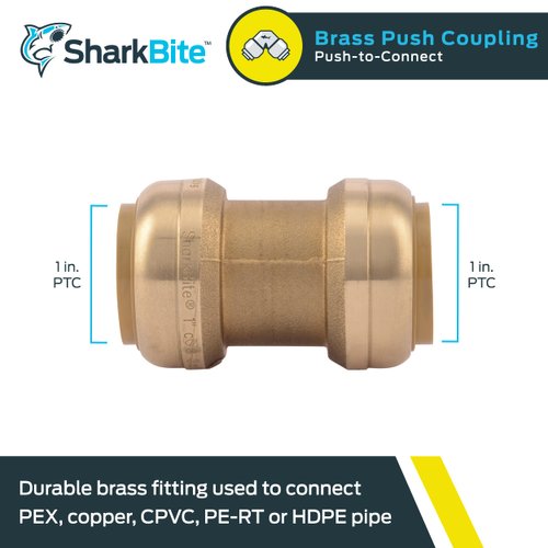 SharkBite 1 Inch Coupling, Push to Connect Brass Plumbing Fitting, PEX Pipe, Copper, CPVC, PE-RT, HDPE, U020LFA